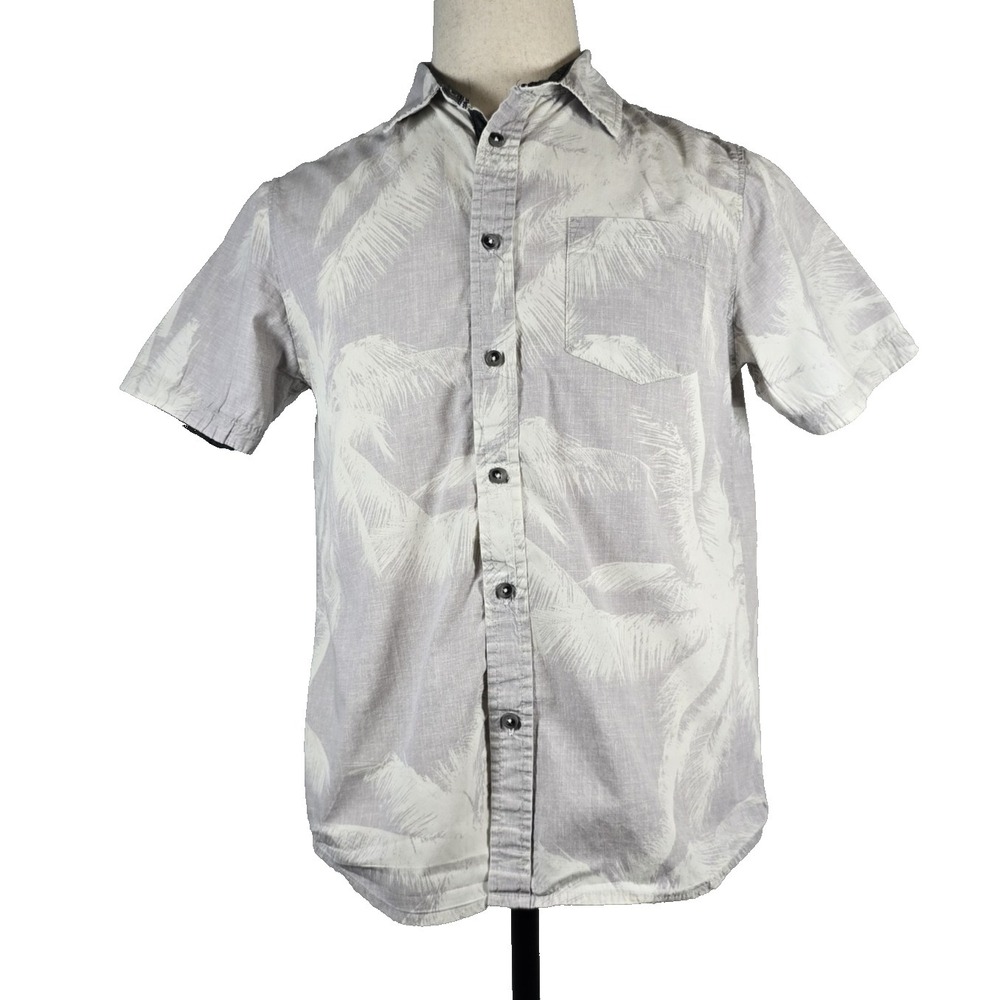 Distortion Mens Shirt S Modern Fit Leaves Short Sleeve Button up Gray/White